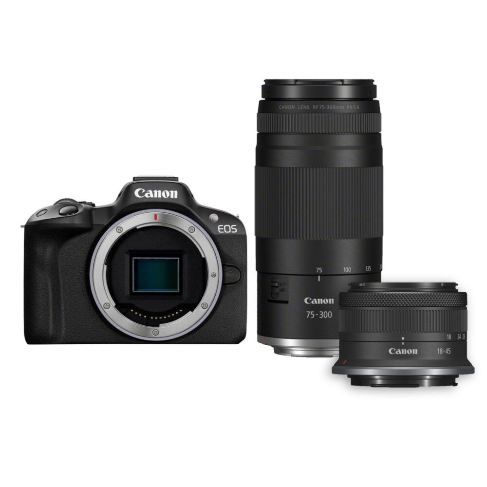 Canon EOS R50 Systemkamera mit RF-S 18-45mm und RF 75-300mm Objektiven